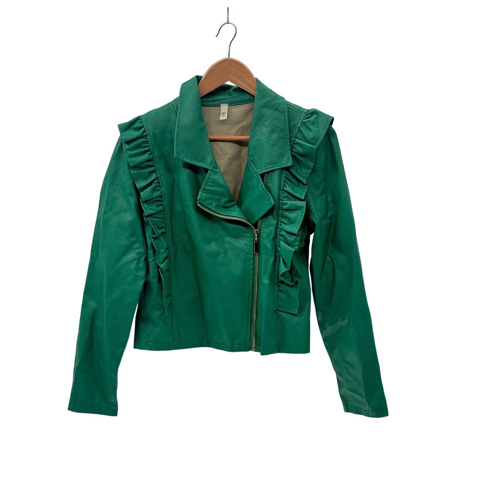 iTi Faux Leather Jacket Moto Ruffle Women Size Medium/Large Green